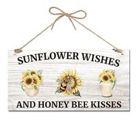 CREATCABIN Sunflower Wood Hanging Sign for Front Door Wall Hanging Decorations Rustic Rectangle Wood Decor with Jute Twine for Outdoor Indoor Farmhouse 12 x 6Inch-Sunflower Wishes and Honey Bee Kisses
