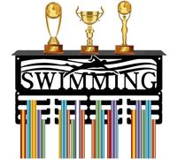 CREATCABIN Swimming Medal Display Shelf Trophy Holder Display 3 Row Hold 60+ Medals Iron Rectangle Black Wall Mount Ribbon Award Rack Stand Hanger for Home Sporter Athletes Medalist 15.7 x 7.9 Inch