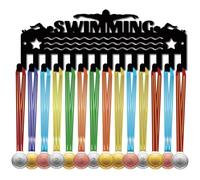 CREATCABIN Swimming Medal Hanger Award Medal Display Holder Small Black Metal Iron Wall Mount Hold 14+ Awards Ribbons Organizer Rack with 14 Hooks for Competition Sports Athletes 11.4x5.1 Inch
