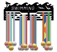 CREATCABIN Swimming Medal Hanger Display Medal Holder Rack Sports Metal Hanging Iron Wall Mount Frame Decor Medal Hangers Trapezoidal Hooks for Badge Race Runner Marathon Medalist Black 15.7 x 6Inch