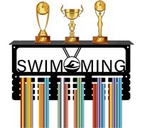 CREATCABIN Swimming Medal Hanger Display Trophy Shelf Medal Holder with Shelf Stand Sports 4 Rows Metal Hanging Wall Mount Frame Hold 70+ Medals for Swim Competition Ribbon Medals Rack 15.7x7.9Inch