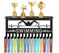CREATCABIN Swimming Medal Hanger Display with Shelf Trophy Medal Holder Sports Rack Iron Hooks Wall Mount Decor Metal Medal Hangers Organizer for Hanging Medals Swimmer Athene Badges 11.8 x 5.1Inch
