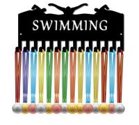 CREATCABIN Swimming Medal Hanger Sports Medal Holder Display Awards Lanyard Ribbons Organizer Small Black Wall Mount Decor with 14 Hooks for Hanging 20+ Medals Swimmer Marathon Race 11.4x5.1Inch