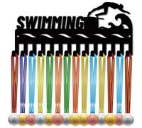 CREATCABIN Swimming Medal Hangers Medal Holders Display Metal Small Medal Rack Organizer Plaques Hanger Black Medals Wall Mounted Shelf with 14 Hooks for Awards Ribbons Sports Race 11.4 x 5Inch