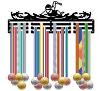 CREATCABIN Swimming Medal Holder Display Award Ribbon Hanger with 12 Separate Hooks Sports Iron Medal Rack for Wall Mounted Hanging 60+ Awards Ribbons Organizer Running Race Black 15.7 x 5.9 Inch