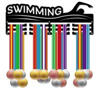 CREATCABIN Swimming Medal Holder Medal Hanger Medal Hanging Decor Sports Medal Rack Wall Mounted 3 Lines Design Room Home Decoration Gift for Swimming Player Athletes Race Winner Black 15.7x5.9 Inch