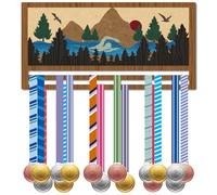 CREATCABIN Swimming Medal Holder Medal Hanger Wood Medal Hanging Display Wall Mounted Decor Rack 3D Pattern Hold 30+Medals Gift for Swimming Athletes Player Race Competition Winner 15.37x5.9 Inch