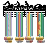CREATCABIN Swimming Medal Holder Medal Hangers Display Wall Mount Sports Race Awards Rack Iron Medal Hanger Frame for Sporter Athlete Gymnastics Football Basketball Medals Black 15.7x5.9Inch-Swimming