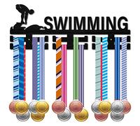 CREATCABIN Swimming Medal Holder Sport Medal Hanger Medal Rack Display Wall Rack Mounted over 30 Medals Wooden for Swimmer Running Soccer Gymnastics Athletes Champions Medalist Black 15.7x5.9Inch