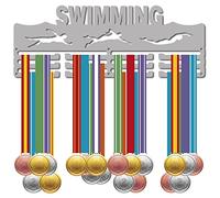CREATCABIN Swimming Medal Holder Swimmer Sport Medals Hanger Athlete Awards Display Stand Wall Rack Mount Decor Silver Metal Hanging for Home Badge Medalist Over 60 Medals 15.7 x 5.9 Inch