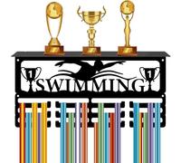 CREATCABIN Swimming Medal Holder with Shelf Medal Trophy Hanger Awards Display Shelf Black Metal Swimmer Ribbon Organizer Rack with 12 Hooks for Hanging 60+ Awards Honors Storage Decor 15.7x8x4 Inch