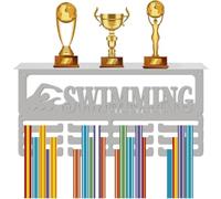 CREATCABIN Swimming Sport Medal Holder Iron Medal Rack Wall Mount Decor 3 Lines Separate Hooks Race Awards Organizer for Swim Athletes Winners Gift 60+ Medals Ribbons Hanging Display 15.8x7.9in