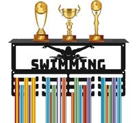 CREATCABIN Swimming Trophy Shelf Sports Awards Holder 3 Row Hold 60+ Medals Rectangle Wall Mount Iron Rack Frame Metal Black Athletes Display Hanger for Swimming Sports Races Cheer 15.7 x 7.9 Inch