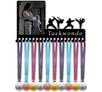 CREATCABIN Taekwondo Medal Hanger Display Medals Holder Rack with Photo Frame Metal Sports Hanging Athlete Awards Wall Mount with 20 Hooks for Karate Competition Ribbon Medals Black 16.5x9.8Inch