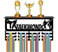 CREATCABIN Taekwondo Medal Holder Trophy Shelf Display with 12 Hooks Sports Metal Medal Hanger for Wall Mount Decor Hold 60+ Medals Awards Ribbons Organizer Display Rack with Shelf 15.7x8x4 inch
