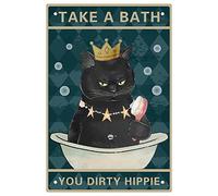 CREATCABIN Take A bath You Dirty Hippie Metal Tin Sign Black Cats Funny Poster Plaques with Quotes Bathroom Vintage Hanging Wall Art Decor for Home Living Room Cafe Pub 12 x 8inch