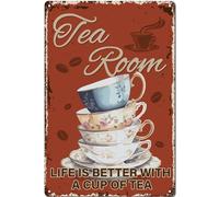 CREATCABIN Tea Room Tin Sign Retro Metal Poster Vintage Tea Cups Art Plaques Gallery Wall Signs Hanging Home Outdoor Decoration for Tea Room Kitchen Garden 12x8 Inch Life Is Better With A Cup Of Tea