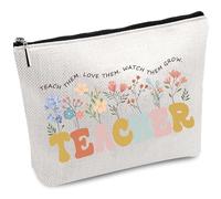 CREATCABIN Teacher Canvas Makeup Bags Flower Cosmetic Bag Multi-functional Purpose Pencil Case with Metal Zipper Toiletry Travel Bag Purse Pouches for Women Keys Lipstick Card Birthday Gifts 10x7Inch
