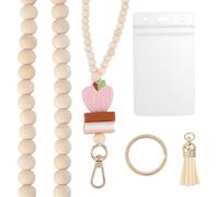 CREATCABIN Teacher Heart Beaded Lanyard Wooden Bead Lanyard Beige Natural Wood Boho Silicone Book Apples Breakaway Keychain Tassel Clasp Chain with ID Badges Holder for Keys Women Accessories 21 Inch