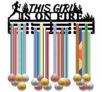 CREATCABIN This Girl Is on Fire Medal Holder Display Running Medal Hanger Sports Rack Wall Mount Frame Iron Metal Medal Hooks Organizer for Hanging Medals Marathon Runner Medalist 15.7x5.9Inch Black