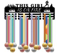 CREATCABIN This Girl Is on Fire Medal Holder Running Medal Hanger Display Sports Rack Frame Iron Hooks Wall Mount Medal Hangers Organizer for Hanging Medals Marathon Runner Medalist 15.7 x 5.9Inch