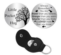 CREATCABIN Tree Leather Pocket Keychain Little Pocket Hug Token Small Pocket Stainless Steel Token Double-Sided Message Engraved Souvenir Round Stainless Steel Commemorative Coin, 1.2x1.2 Inch
