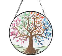 CREATCABIN Tree of Life Glass Suncatcher Four Seasons Sun Catcher Colorful Leaves Window Wall Art Hanging Ornament Flat Round Glass Panel Decor for Home Garden Decorations Christmas 6.3Inch