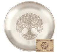CREATCABIN Tree of Life Offering Bowl Altar Ritual Plate Stainless Steel Flat Bowl Round Tray Dish Candle Holder with Card Silvery Jewelry Dish for Smudging Incense Burner Decoration 5.55Inch