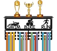 CREATCABIN Triathlon Medal Hanger Display Trophy Award Shelf with 12 Hooks Swim Bike Running Metal Medal Holder for Wall Mount Hold 60+ Ribbons Organization Rack for Swimming Bicycle Black 15.7x8x4in
