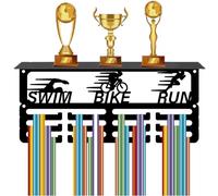 CREATCABIN Triathlon Medal Hanger Display with Trophy Shelf Medal Holder Hanger Sports Medal Wall Mount Stand Black Metal Trophy Holder Medal Organizer Rack for Swim Bike Run Awards 11.4x5x4Inch