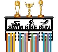 CREATCABIN Triathlon Medal Hanger Trophy Award Shelf Display with 12 Hooks Swim Bike Running Metal Medal Rack for Wall Mount Hanging 60+ Awards Ribbons Holder for Swimming Bicycle Runners 15.7x8x4in
