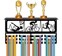 CREATCABIN Triathlon Medal Holder Display with Shelf Trophy Wall Hanger Black Metal Iron Swimming Running Cycling Award Rack for Wall Mount Hanging 60+ Medals Bicycle Runners Swimmers 15.7x8x4 inch