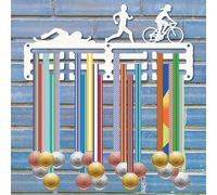 CREATCABIN Triathlon Medal Holder Running Swimming Bike Riding Medal Awards Rack Display with 3 Lines Hanging Ribbons Organizer Small Hooks for Wall Hanging 40+ Medals Bicycle Runners White 11.4x5.1in