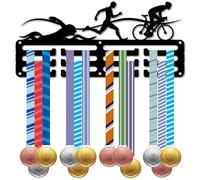 CREATCABIN Triathlon Medal Holder Sports Medal Hanger Display Running Swimming Bike Competition Lanyard Ribbons Small Metal Iron Black Wall Rack Frame Mount Decor for Hanging Awards 11.4x5.1 Inch