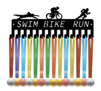 CREATCABIN Triathlon Medal Holder Swim Bike Run Medal Hanger Display Rack Frame Sports Hanging Athlete Awards Iron Small Wall Mount Decor with 14 Hooks for Wall Home Badge Medalist Black 11.4x4.2Inch