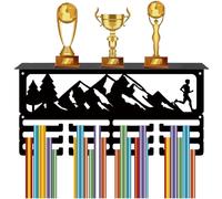 CREATCABIN Trophy Medal Display Shelf Sport Medal Holder Display Mountain Iron Black Rectangle 3 Row Metal Wall Mount Hold 60+ Athlete Medals Hanger Stand for Running Sports Race Cheer 15.7 x 7.9 Inch