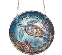 CREATCABIN Turtle Suncatcher Stained Window Hangings Acrylic Window Panel Glass Window Hangings Decor Sea Turtle Decor Art Round Sun Catcher with Iron Chain for Hangings Garden Ornament Gift 6x6Inch