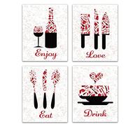 CREATCABIN Unframed Canvas Prints Kitchen Kitchenware Red Art Prints Posters Wall Art Decorations Enjoy Love Eat Drink Set Of 4 for Kitchen Restaurant Cafe Bar house Decor 8 x 10inch