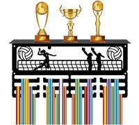 CREATCABIN Volleyball Medal Holder Trophy Shelf Display with 12 Hooks Sports Metal Medal Hanger for Wall Mount Hold 60+ Medals Ribbons Organizer Rack with Shelf for Award Race 15.7 x 8 x 4 Inch