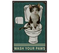 CREATCABIN Wash Your Paws Sign Cat Toilet Decor Vintage Retro Tin Sign Metal Wall Art Plaque Iron Painting Poster Mural Farmhouse Decoration for Bathroom Toilet Home 12 x 8 Inch