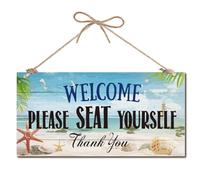 CREATCABIN Welcome Sign Wood Plaque Hanging Decor for Front Door Sign Rustic Blue Seaside Rectangle Wooden Painting Hanging Wall Art for Home Decor 12x6Inch-Welcome Please Seat Yourself Thank You