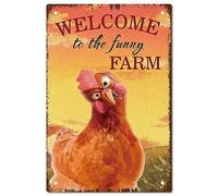 CREATCABIN Welcome to the Funny Farm Sign Chicken Metal Tin Sign Rooster Vintage Painting Poster Plaque Retro Iron Sign Mural Hanging Wall Art Decor for Bathroom Restaurant Home Cafes Gifts 8x12Inch