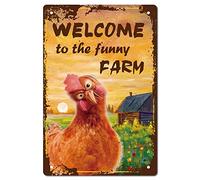 CREATCABIN Welcome to The Funny Farm Sign Chicken Metal Tin Signs Retro Vintage Wall Decor Art Mural Hanging Iron Painting Plaque Poster Farmhouse Garden Bar Club Door Yard Decorations 8 x 12 Inch