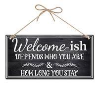CREATCABIN Welcome Wood Sign Wood Plaque Hanging Decor for Rustic Front Door Sign Rectangle Wooden Painting Hanging Wall Art for Home Decor 12x6Inch Welcome-ish Depends Who You Are&how Long You Stay