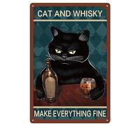 CREATCABIN Whiskey Tin Signs Black Cat Metal Sign Vintage Plaques Gallery Wall Signs Retro Posters Art Print Decor Hanging Iron Painting with Quotes for Bar Home Bathroom Cafes Pubs Gifts 8x12 Inch