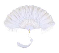 CREATCABIN White Feather Fan Handheld Foldable Fan Plastic Folding Hand Rave Fan with Tassels Flapper Hand Fan for Chinese Japanese Vintage Party Wedding Bridal Church Show Decoration 23x43.5cm