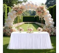 CREATCABIN White Tulle Table Cloth for Rectangle Tables 6ft Tutu Table Skirt Tulle Desk Skirts Ruffle Tablecloth Wrinkle Stretch Decorations with Adhesive Tape for party Dining Birthday Wedding