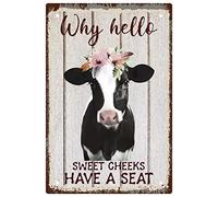 CREATCABIN Why Hello Sweet Cheeks Metal Tin Sign Vintage Cow Tin Signs Funny Animals Metal Poster Wall Art Garden House Plaque for Bathroom Kitchen Cafe Wall Halloween Christmas Decor 8 x 12 Inch