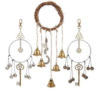 CREATCABIN Witch Bells Protection Door Knobs Hanging Witch Wind Chime Boho Rattan Handmade Door Hanger Bell 2 Color Wind Chime With Star Magic Key Pendant for Home Positive Energy Decor 12.8x4.8in