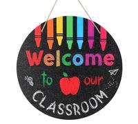 CREATCABIN Wood Welcome Door Decorations Welcome to Our Classroom Signs Colorful Welcome Sign for Front Door Farmhouse Round Black Classroom Hanging Decor Back to School Gift for Teacher 11.5x11.5Inch